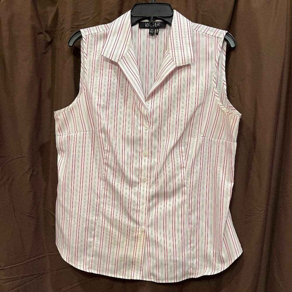 Kasper Non-Iron Easy Care White Striped Sleeveless Suiting Button Down - Sz 14